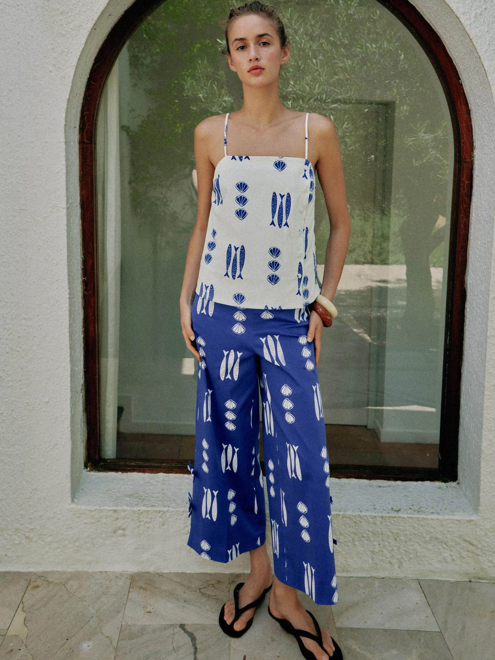 New Summer Women's Wide Leg Pants And Strap Tops Fashionable Chinese Style Clothing Straight Sleeveless Regular Length