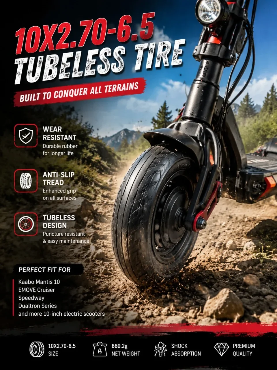 10 Zoll 10x2.75-6.5 Vakuumreifen Schlauchlos Straßenreifen für Speedway Dualtron 3 Kugoo M4 Mantis Scooter – Detail 1