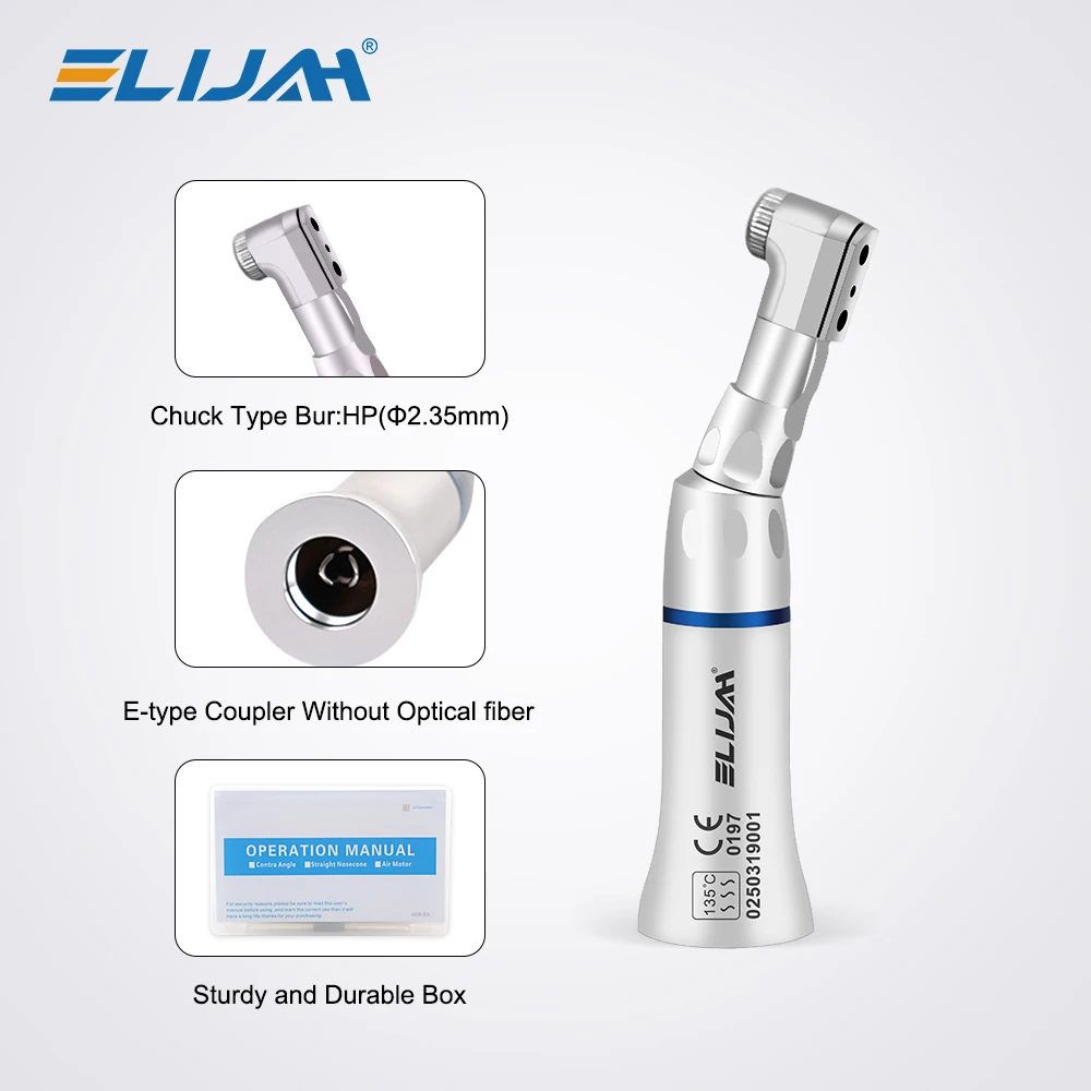 ELIJAH Dental 203C Contra-ángulo de 40000 rpm con Rodamiento Cerámico Tipo E para Fresa de 2.35mm 135 ° Herramienta de Odontología Autoclavable
