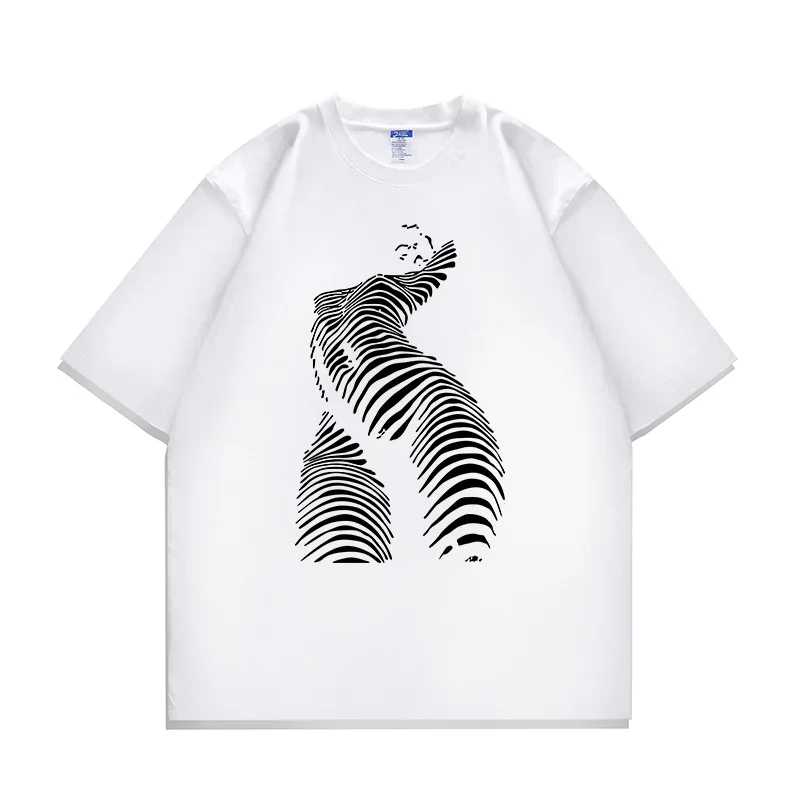 Nueva camiseta holgada de verano para hombre, camiseta pesada americana con personaje de arte lineal, ropa de calle de tendencia de moda, Harajuku Unisex