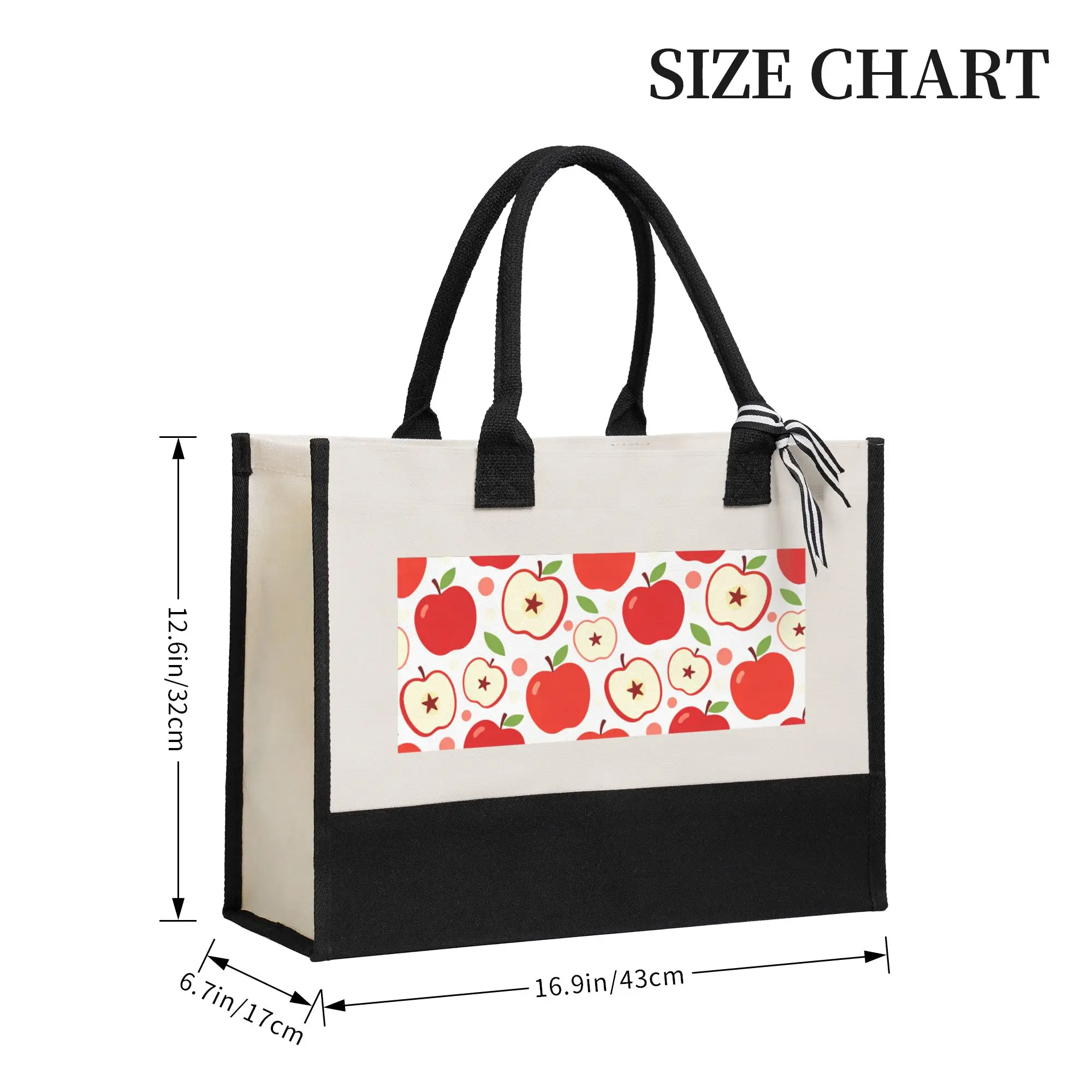 Apple Print Canvas Patchwork Tote Bag, Eco-Friendly Reusable Large Capacity Grocery Handbag for Travel Beach Shopping
