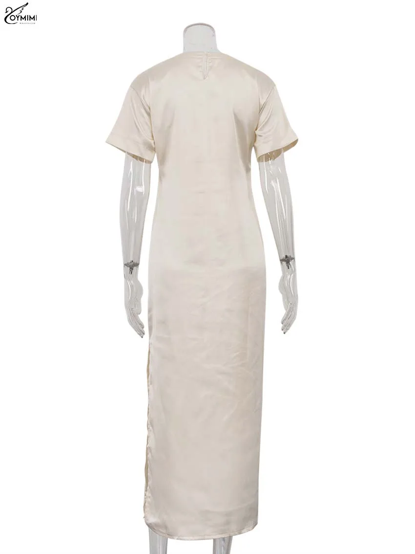 Oymimi Elegant Apricot O-Neck Women's Dress Fashion Short Sleeve Side Slit Solid Dresses Casual Straight Mid-Calf Dress Female