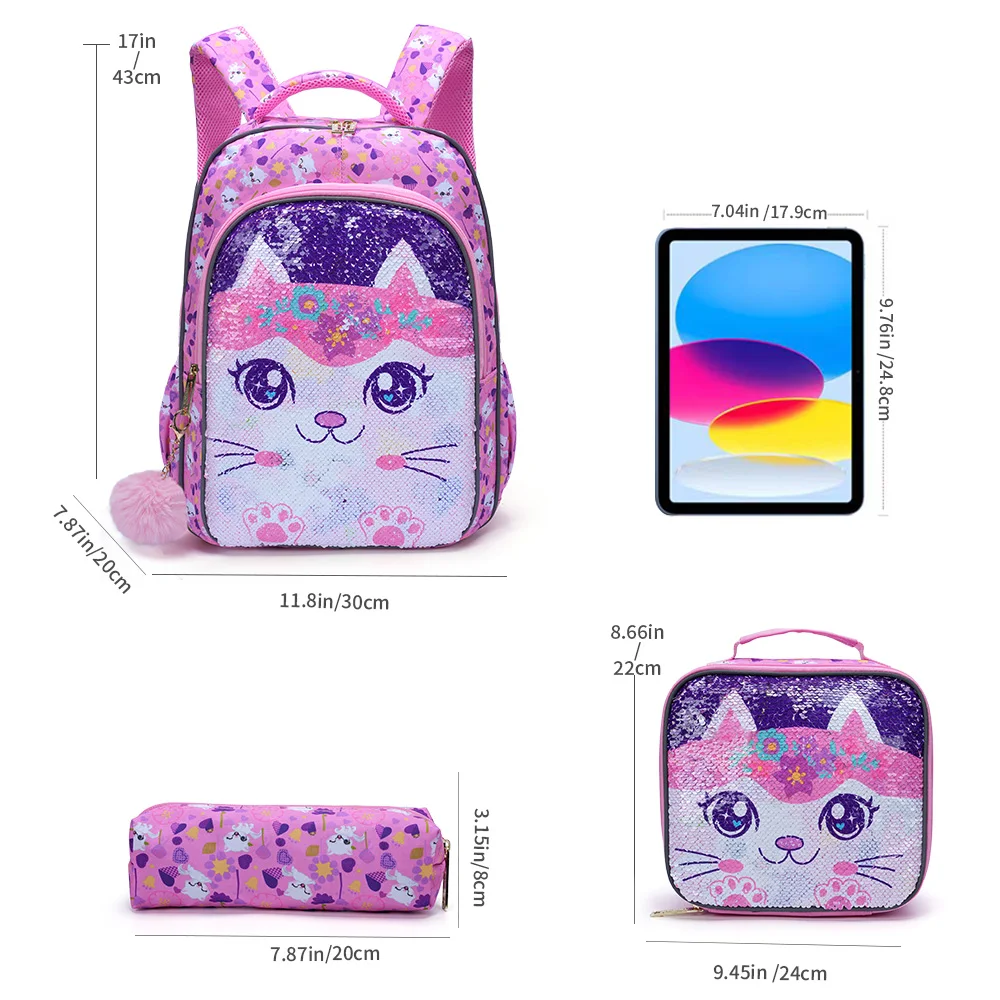 3PCS set Backpack For Girls, Cute Cartoon Kitty Sequin Design Bookbag With Lunch Box And Pen Bag, Glow-in-the-dark Function-Pink