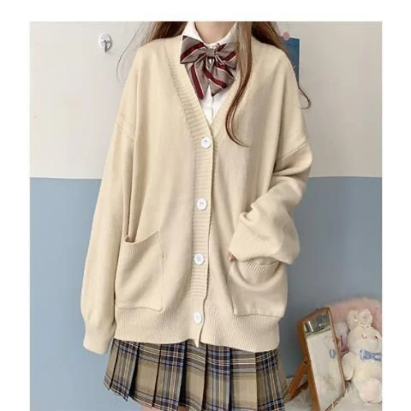 Sweet Fresh College Style Solid V-neck JK Uniform Sweater Jacket Female Button Pocket Loose Lantern Sleeve Knitted Cardigan Top