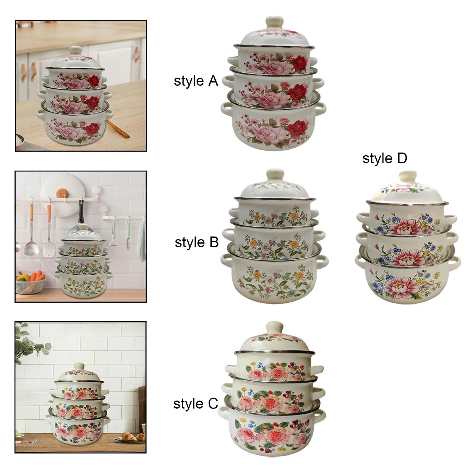 3x Enamel Stockpots Simmering Pot Cookware Vintage Design Cooking Pots for Cooking Induction Cookers Gas Furnaces Kitchen Dining