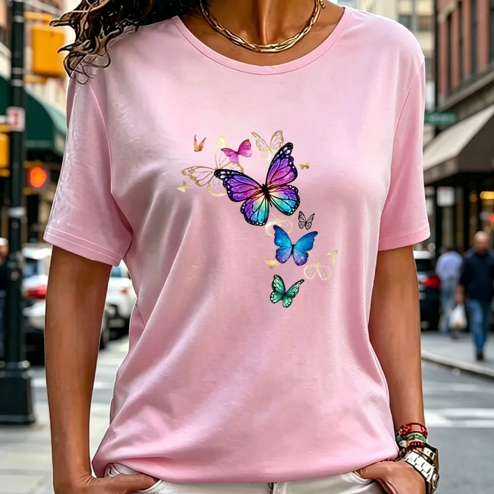 Summer new fashionable women's T-shirt butterfly print casual round neck short sleeved T-shirt quick drying clothes