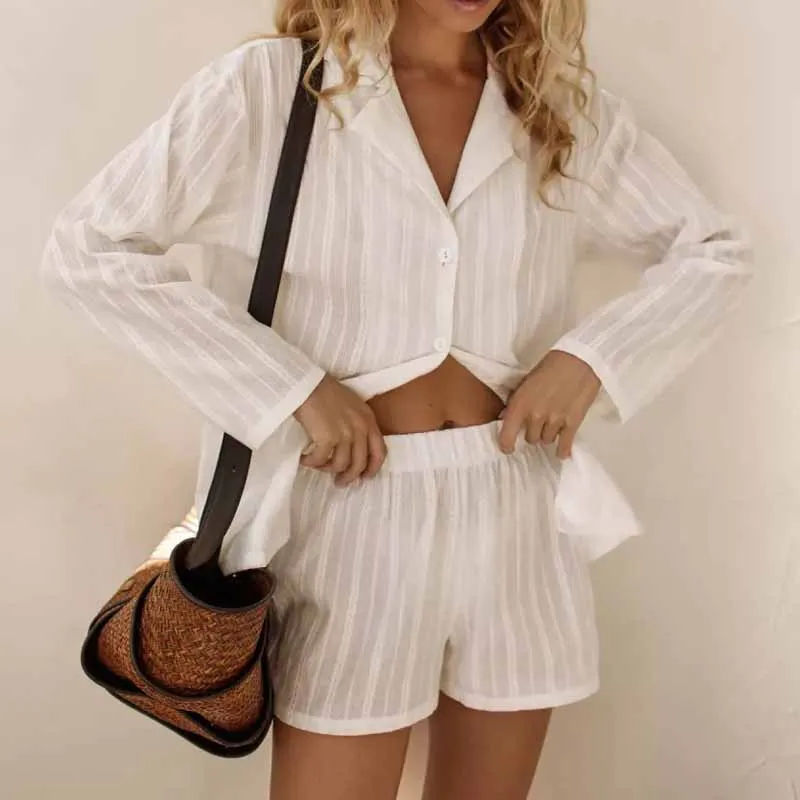 

Women's Suit Comfortable White Cotton Loungewear Striped New In Women's Sleepwear Loose Casual Long Sleeved Shorts Two-Piece Set