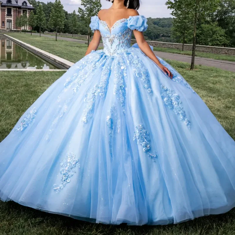 baby blue quinceanera dresses Light Blue Puffy Ball Gown Quinceanera Dresses Off Shoulder Flower Cor –  formalgowns