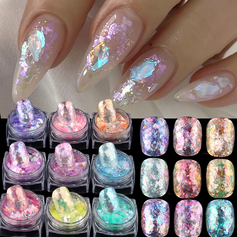 9pcs/Set Opal Powder Nail Enhancement Cloud Brocade Nail Powder Shiny Sparkly Holographic Irregular Flakes DIY Manicure Deco