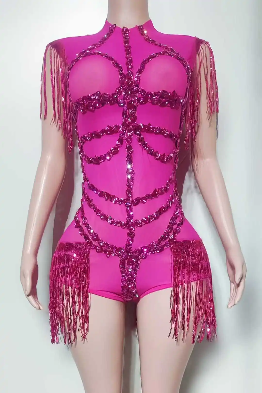 Body llamativo con flecos de diamantes de imitación para mujer, sin mangas, Sexy, para club nocturno, baile, escenario, animadora, Showgirl, leotardo