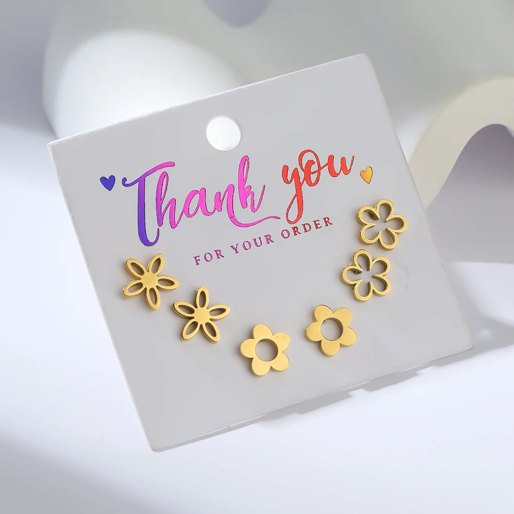 3Pairs/card Cute Flower Plant Stud Earrings for Women Golden Color Stainless Steel Party Wedding Jewelry Gift Set