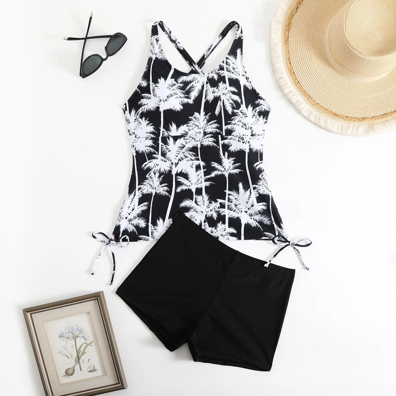 2025 verão coco impressão tankini conjunto feminino cintura alta nadar topo & boyleg shorts sexy duas peças roupa de banho para roupas de praia novo