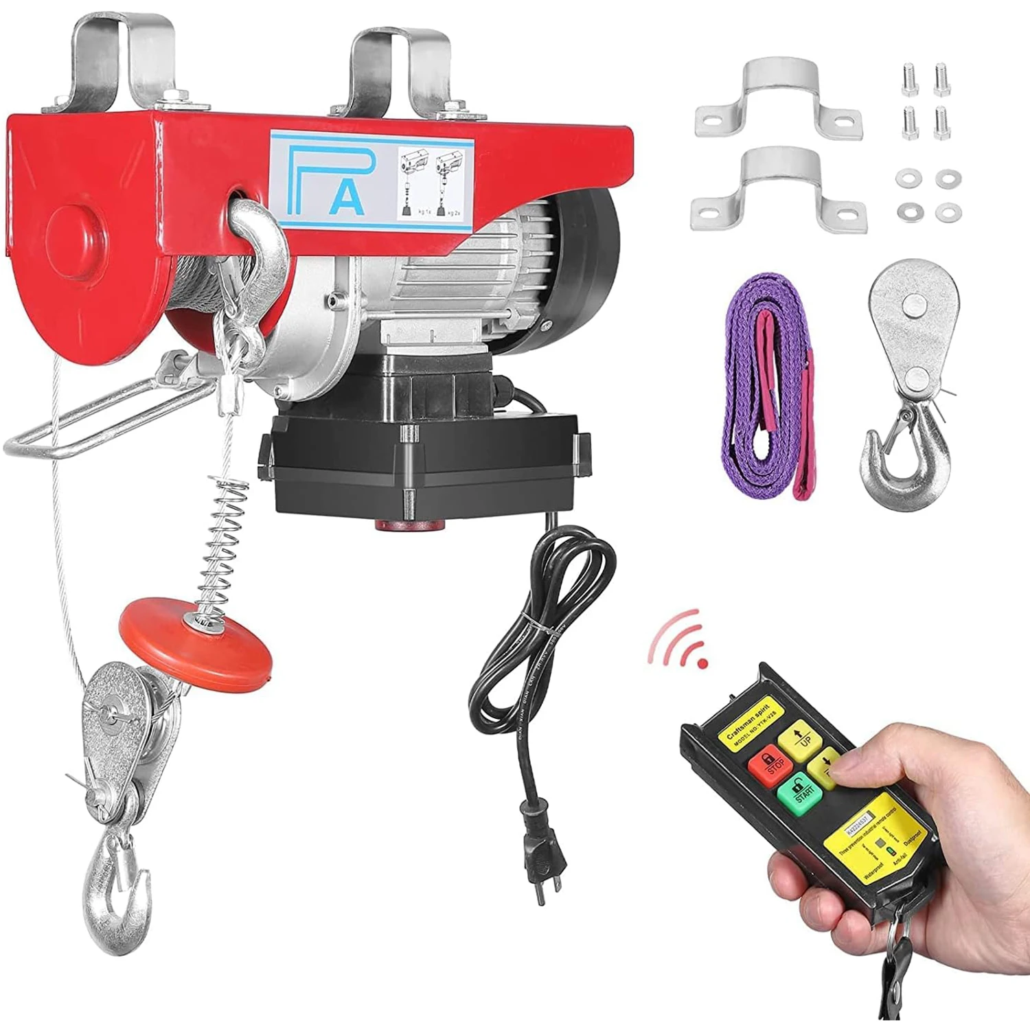 850lbs Electric Lift Hoist Winch with Remote Control Electric Cable Hoist 39 Ft Lifting Height 12m Rope Slings for Goods Lifting