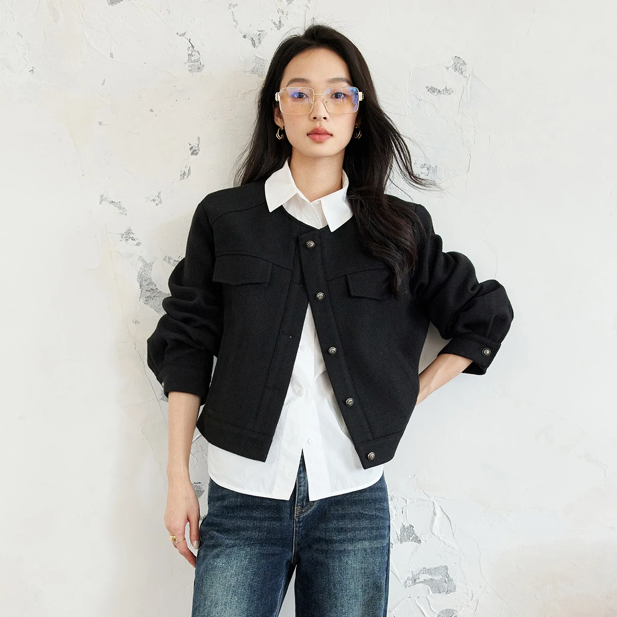 VIMLY Schwarze Jacke für Damen, 2025, Herbst-Safari-Stil, Rundhalsausschnitt, lange Ärmel, Damenmäntel, elegant, lose Knöpfe, weibliche Oberbekleidung M8795