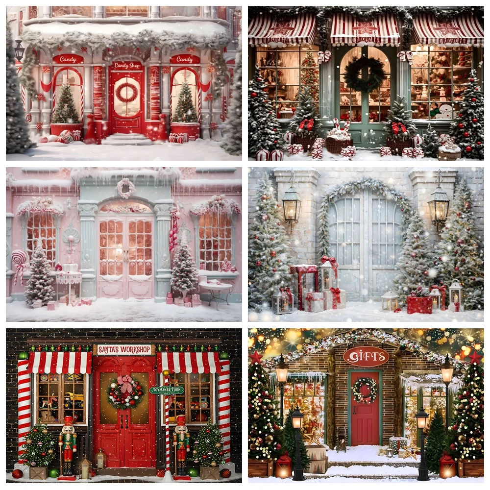 Weihnachten Candy Store Hintergrund Weihnachts baum Geschenke Spielzeug Schaufenster Winter Schneemann Baby Porträt Fotografie Hintergrund Fotostudio