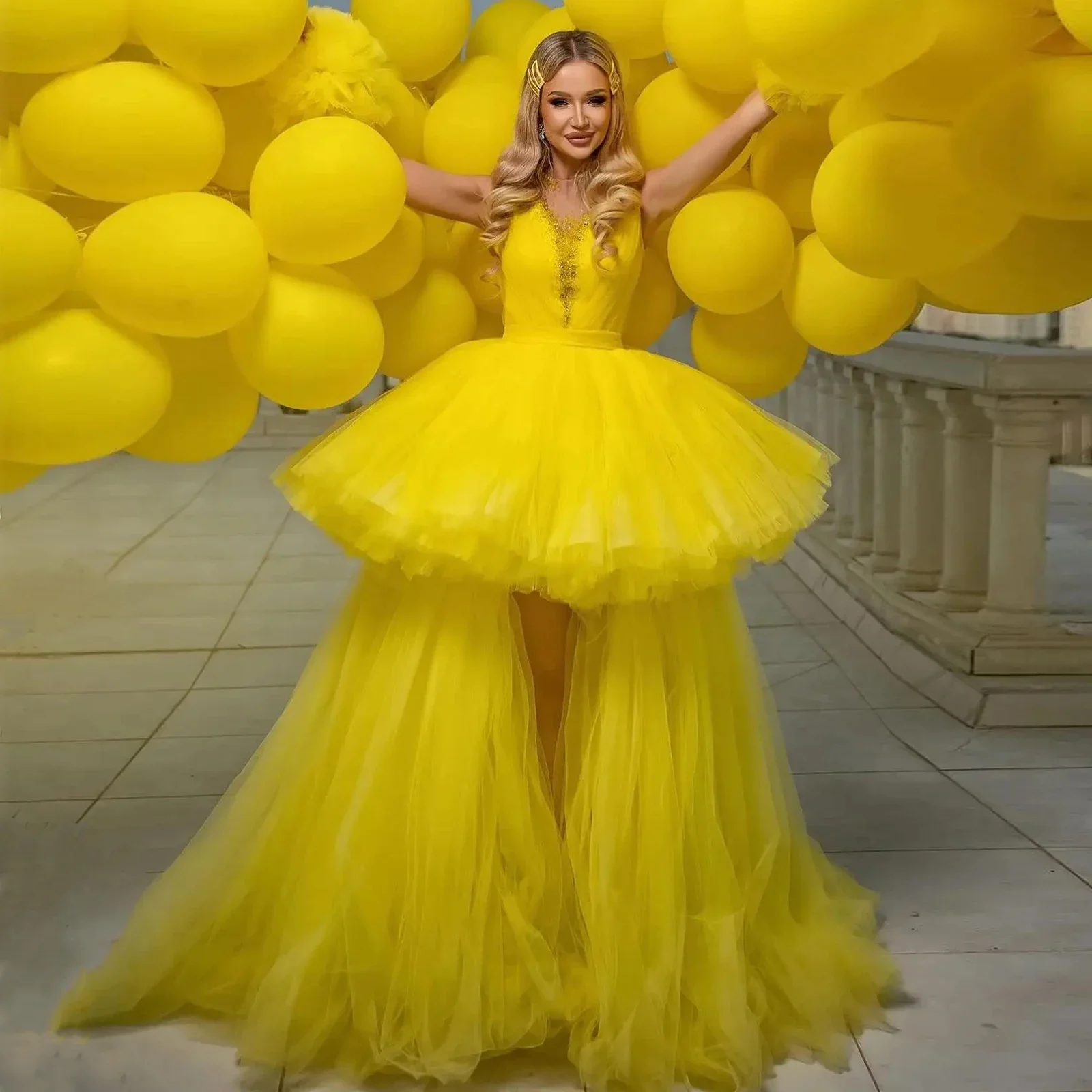 Vestido de baile de tul amarillo hinchado de hadas para mujer, cuello alto y bajo transparente, vestido de noche con cuentas sin mangas, vestido Formal de cumpleaños