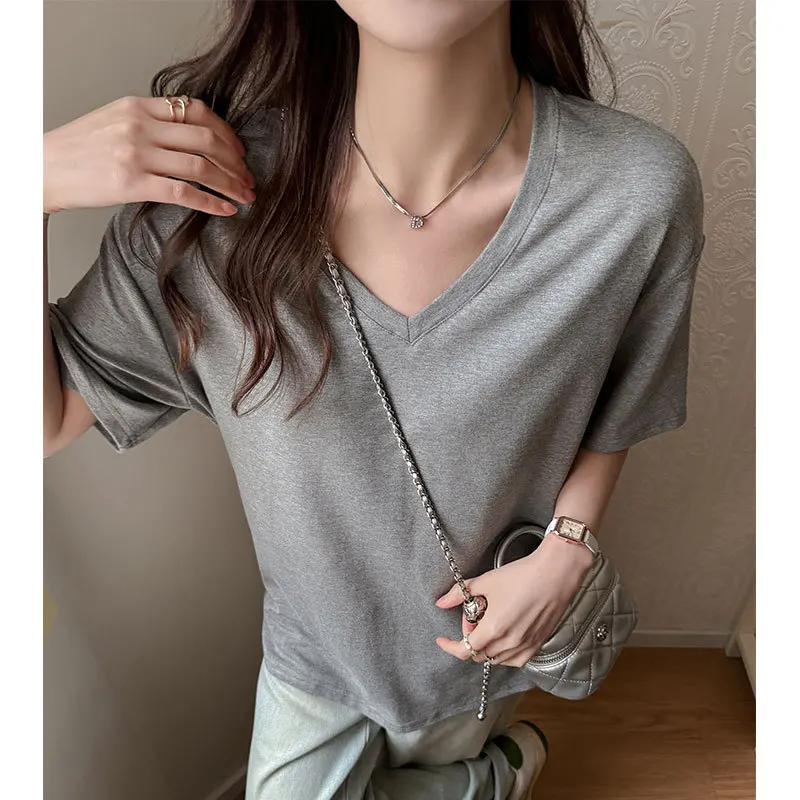 

Front Shoulder V-neck Short-sleeved T-shirt Women's Summer Large Size Loose Lazy Style Thin Belly Covering Korean Versatile Prem