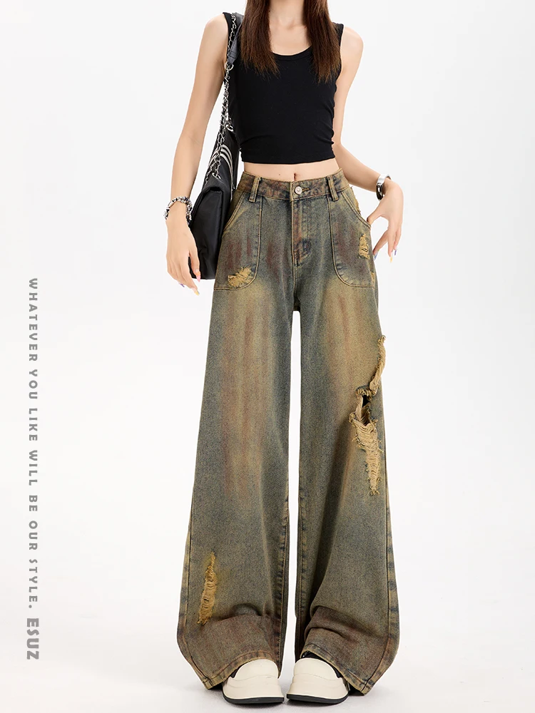 

Американские ретро Aalyptic широкие джинсы женские новые большие размеры толстые мм тонкие свободные прямые брюки с высокой талией