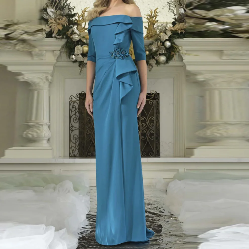 

Customized ﻿ Mermaid Flowers Appliques Mother of The Bride Dresses Off Shoulder Half Sleeve Formal Long Wedding Guest Gowns