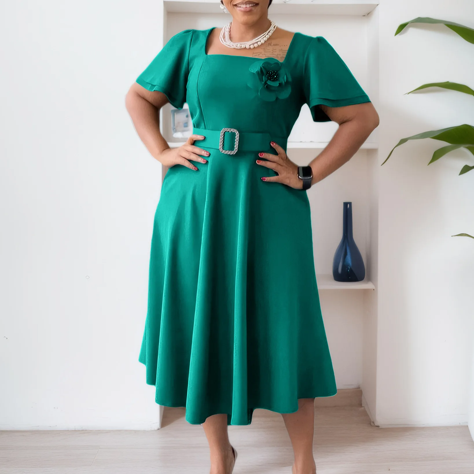

Women's Fashion Square Collar Solid Color High Waist Big Dress Dress