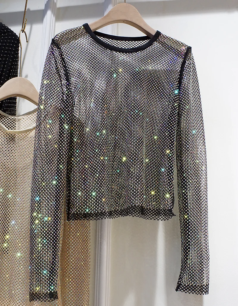 Summer Women's Trendy Rhinestone Round Neck Long Sleeve Top with Bright Starlight Hollow Shiny Bottoming Shirt