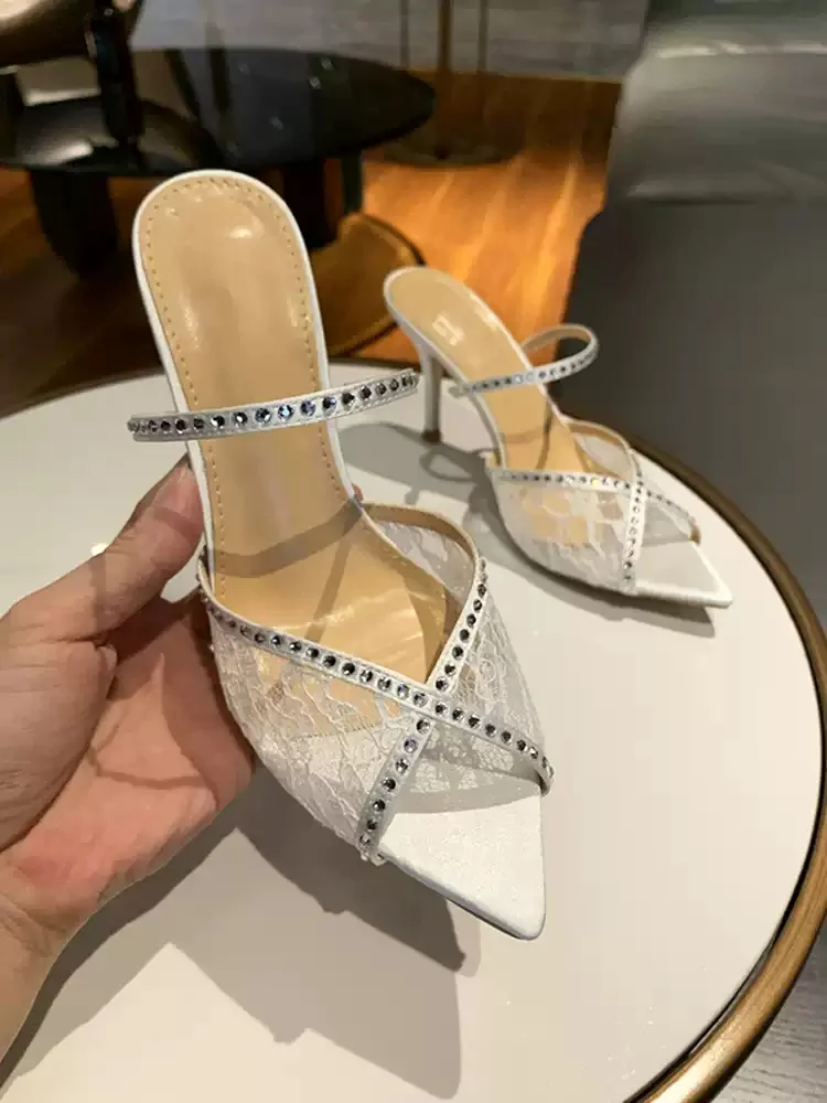 Women's Lace Rhinestone Strap Pointed Toe Heeled Mules Sparkly Open Toe Stiletto Slide Sandals Elegant Slip-On Bridal Footwear