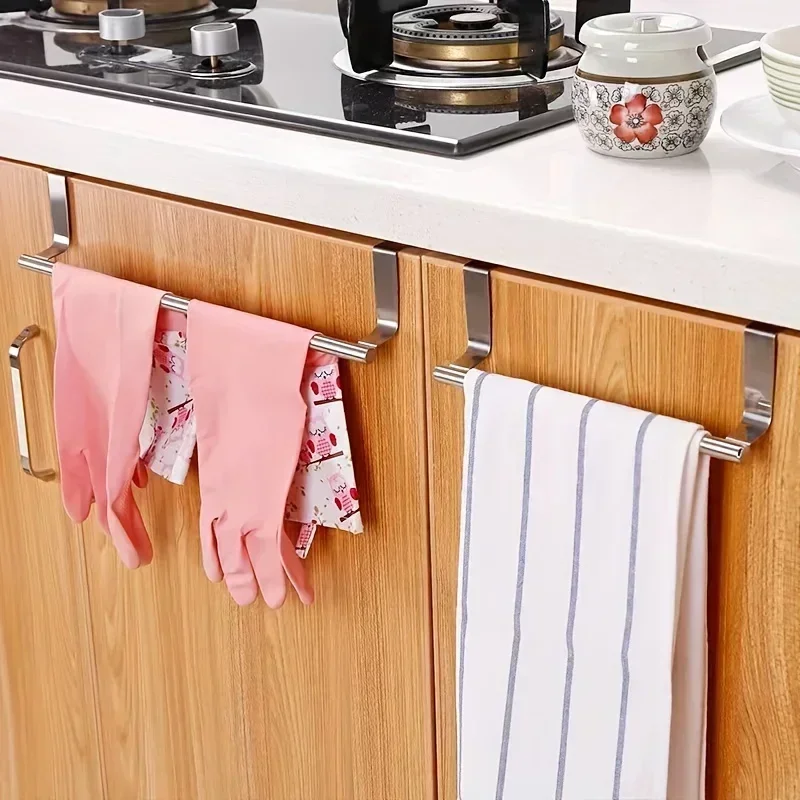 Stainless Steel Towel Rod, No Punched Door Hanging Towel Rack,  Bathroom and Kitchen Towel Storage, Durable Space-saving Rack