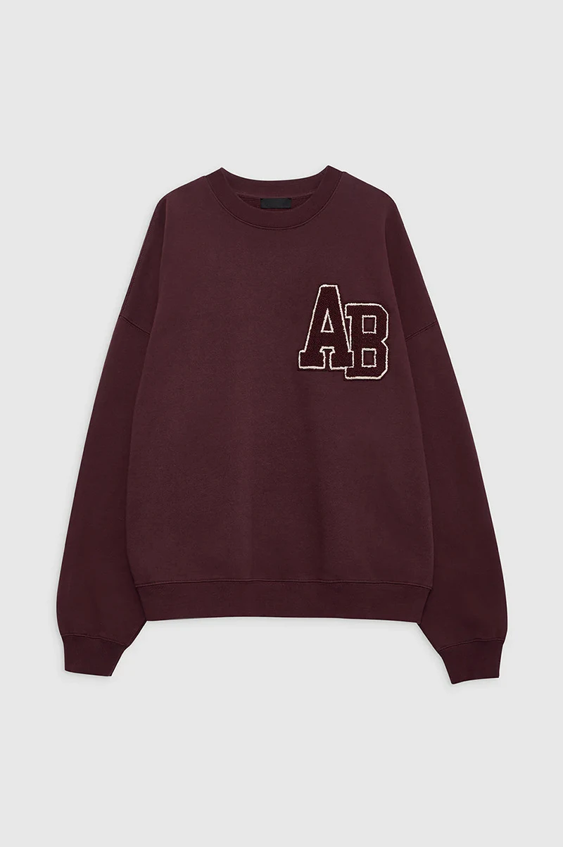 24 winter new North American niche AB hand cranked special embroidery fleece wine red loose women's round neck sweatshirt