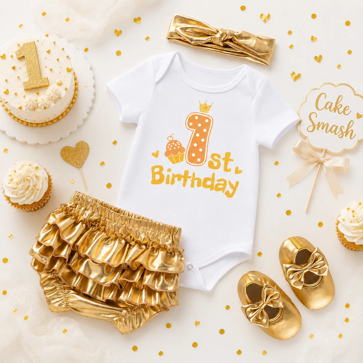 Baby Girl 1st Birthday Outfit Gold Ruffle Bloomers Bodysuit Shoes Headband One Year Old Princess Cake Smash Photoshoot Clothes