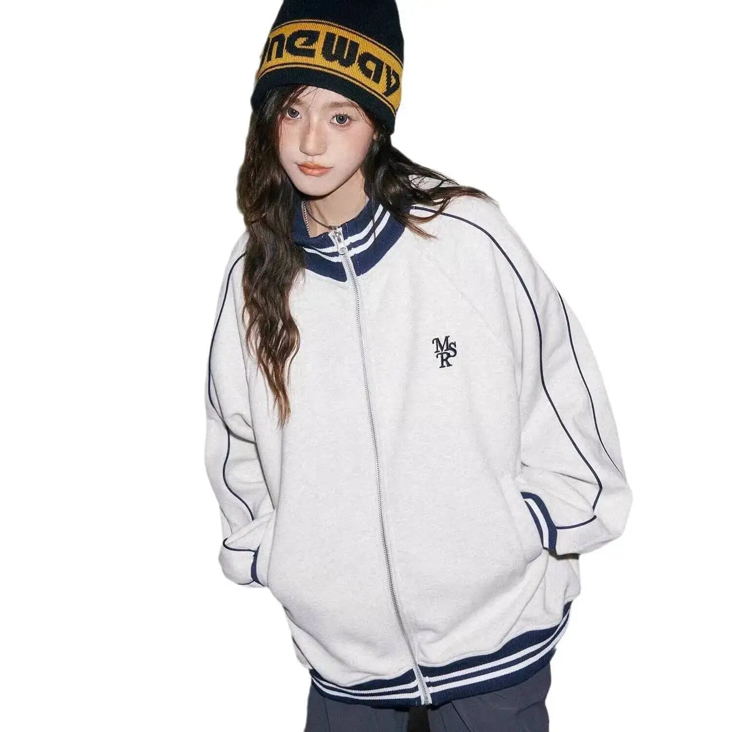 Unsiex Baseball Uniform Coat Grey Stand Collar Baseball Jacket For Women & Men Retro Sweatshirt Style Casual Lazy Outerwear