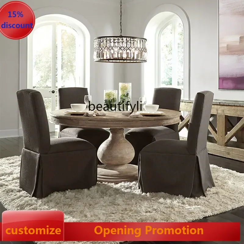 ss7486 American retro old solid wood round dining table restaurant dining table high-end dining table New Light Luxury