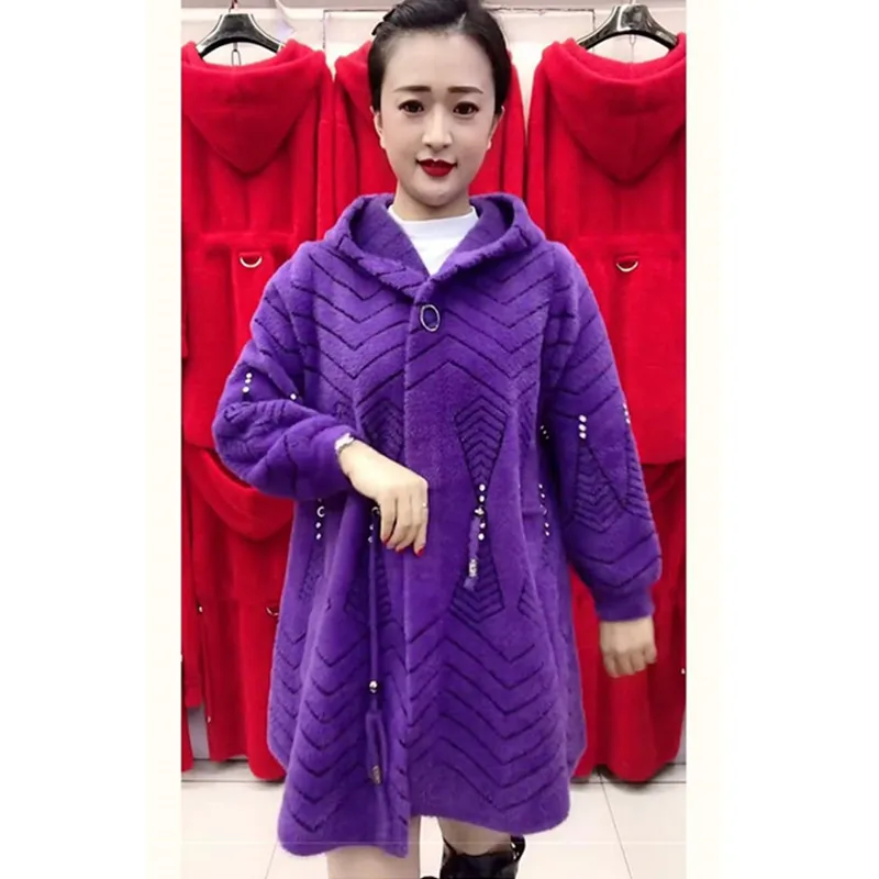 Large Size Middle Aged MoM Coat Women\'s Quality Mink Wool Coat Loose Fashion Hooded Knitted Cardigan Women Long Jacket Overcoat