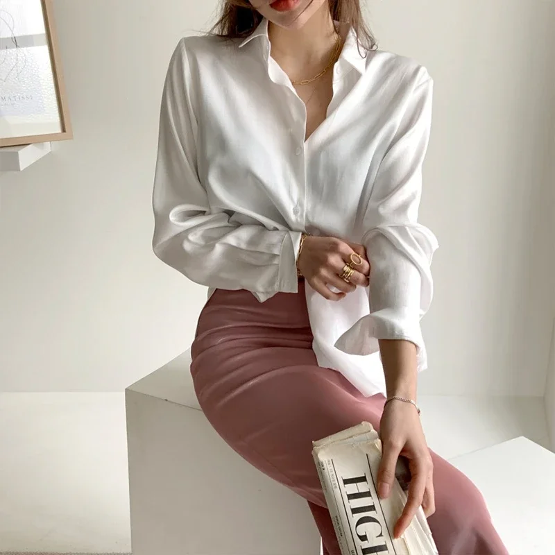 Elegant Korean Office Shirt Fashion Button Up Silk Shirt Blouse Autumn Vintage Hong Kong Loose Stylish Satin Shirt Women 12512