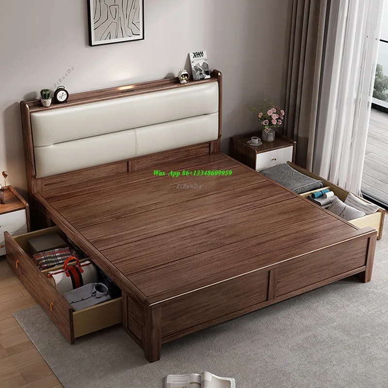 Light Luxury Soft-wrapped Walnut Wood Full Solid Wood Bed, New Chinese Home Master Bedroom, 1.8m Double Bed, Bedroom Furniture
