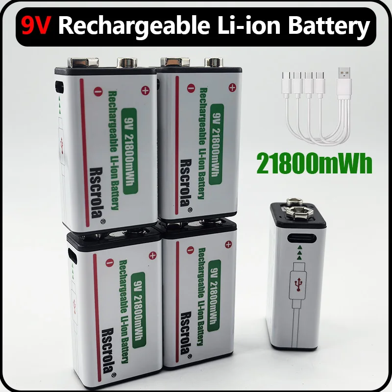 

2026 New 9V 21800mWh Rechargeable Li-ion Battery Type-C Fast Charge for Guitar Pedal Mic Electronic Detector with Cable