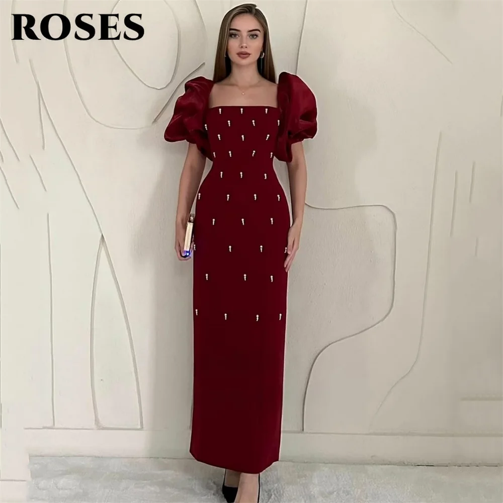 

ROSES Шикарные бордовые платья для выпускного вечера Вечерние платья с квадратным вырезом, структурированными пышными рукавами и сверкающими деталями по индивидуальному заказу