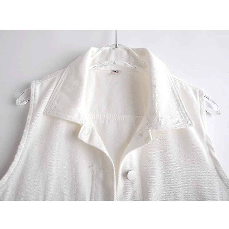 

Spring Summer Fashion White Denim Vest Women Slim Short Cowboy Waistcoat Thin Big Pocket Casual Sleeveless Jeans Jacket Female