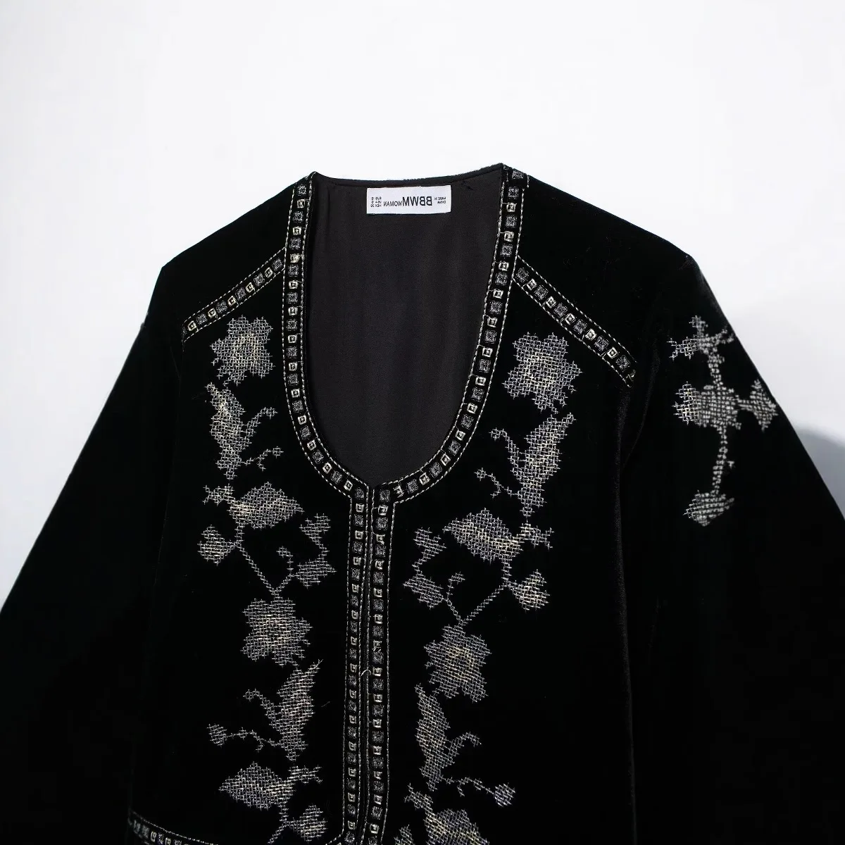 Women Embroidered Velvet Crop Jacket Deep U Neck Long Sleeve Floral Embroidery Boho Casual Short Coat