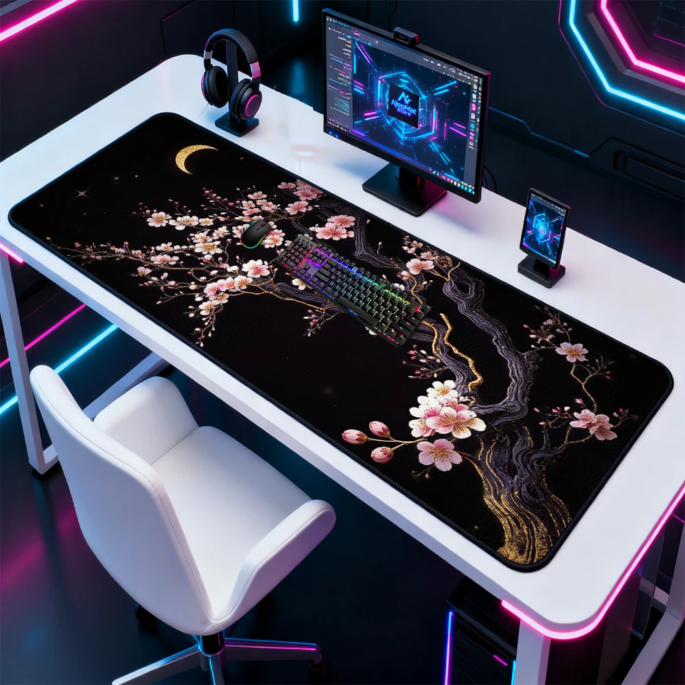 Japanese Sakura Mouse Pad Xxxl Game Moon Mousepad Aesthetic Cherry Blossom Gaming Pc Mats Black 1200x600 1800x600 Oversized Rug