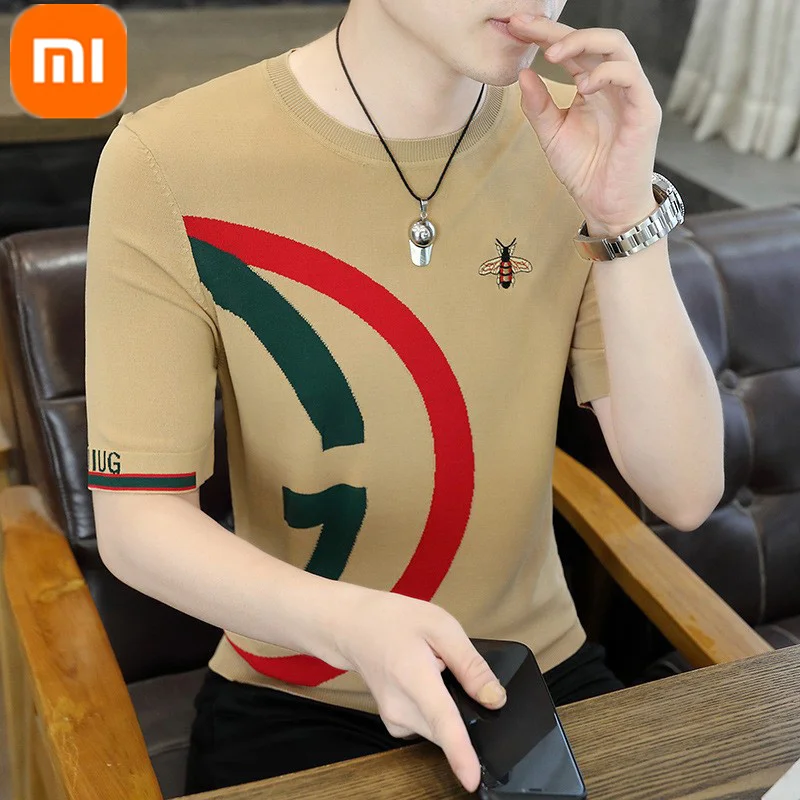 

2023 Xiaomi Elite knitted Round Neck T-shirt Men Skin-friendly breathable sweat-absorbing Letters Bee Embroidery Short Sleeve