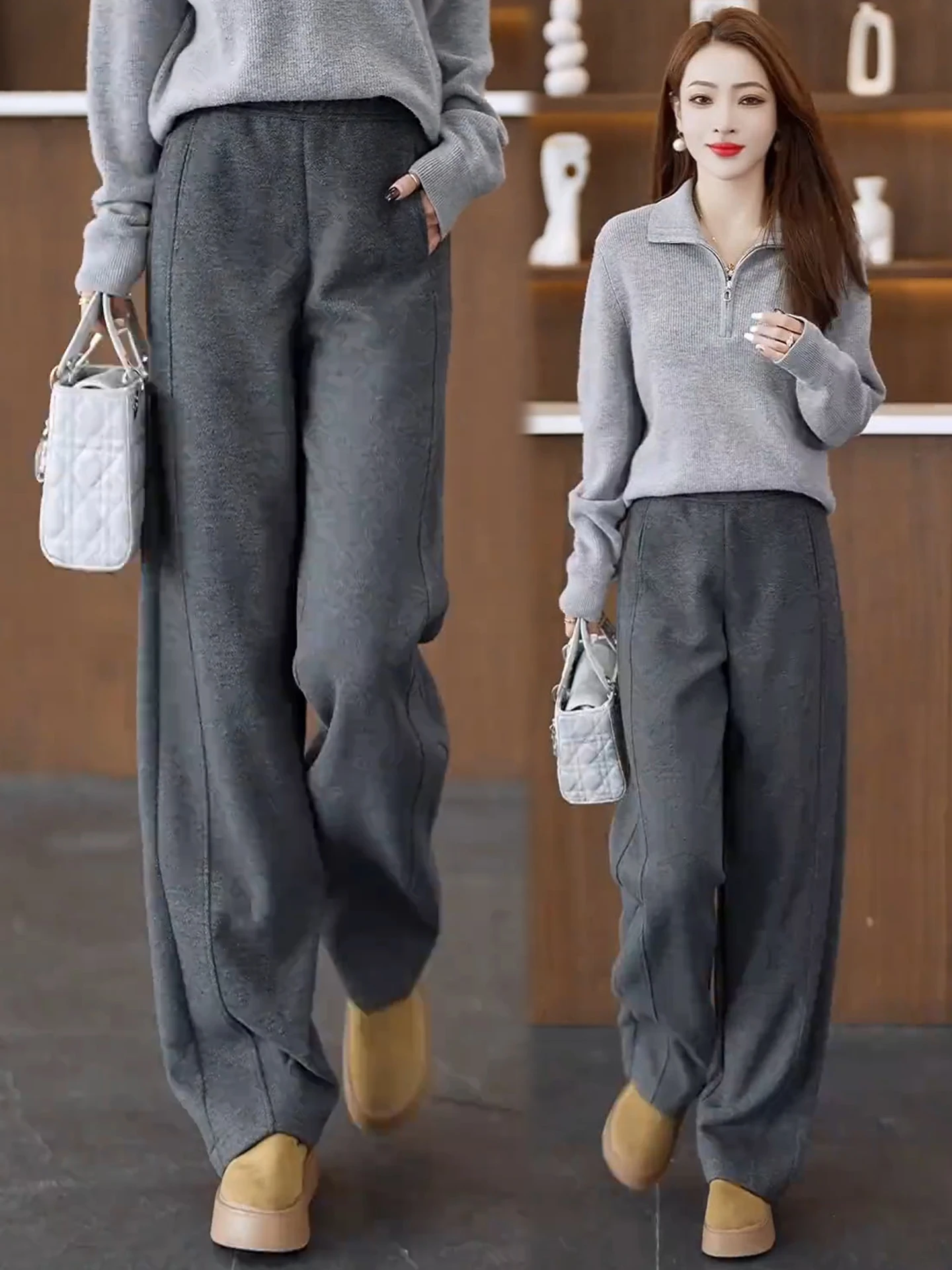 

Шерстяные брюки с высокой талией и широкими штанинами для женщин, повседневные, свободного кроя, осенне-зимние, новая модель, прямые, с флисовой подкладкой, струящиеся