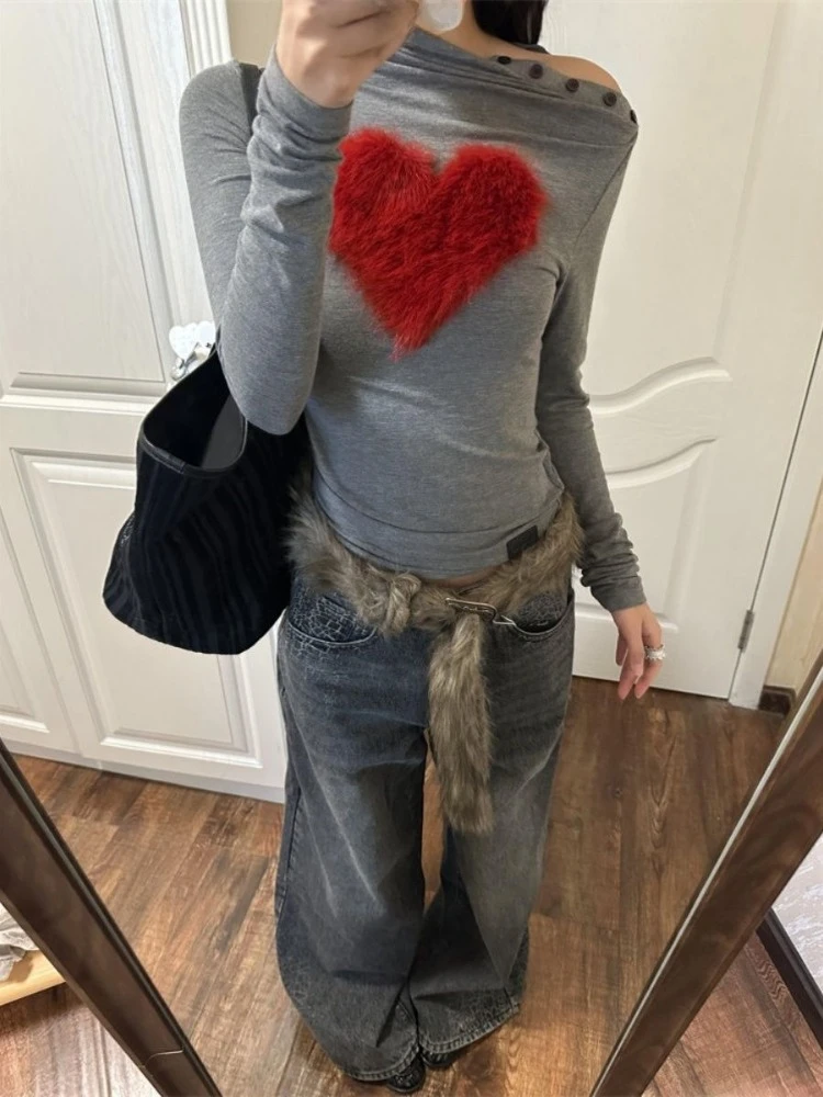 

Y2k Aesthetic Slash Neck Button Vintage T-shirt 2025 Streetwear Fur Love Patchwork Tshirts Women Grunge ​Harajuku Slim Fit Tees