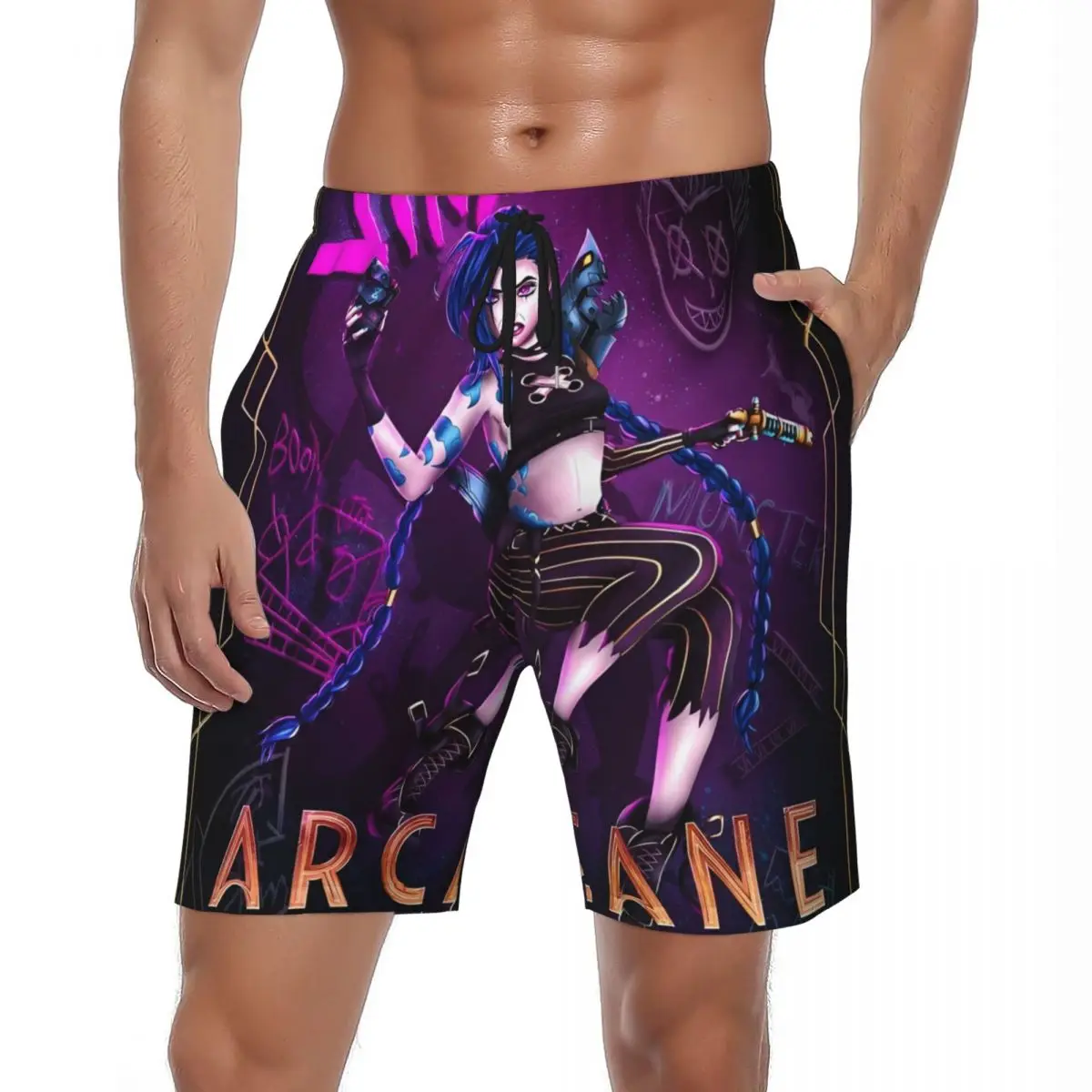 

Jinx Arcane League Of Legends Спортивные шорты Летние пляжные шорты Y2K в стиле ретро Мужские плавки для серфинга с быстросохнущим узором
