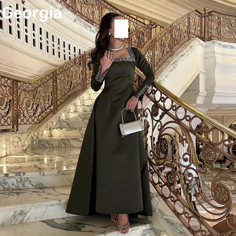 

Customized فساتين سهرة سعودية فخمة A-Line Square Neckline Prom Dresses Beadings Sleeveless Zipper Up Long Sleeves Evening Dress