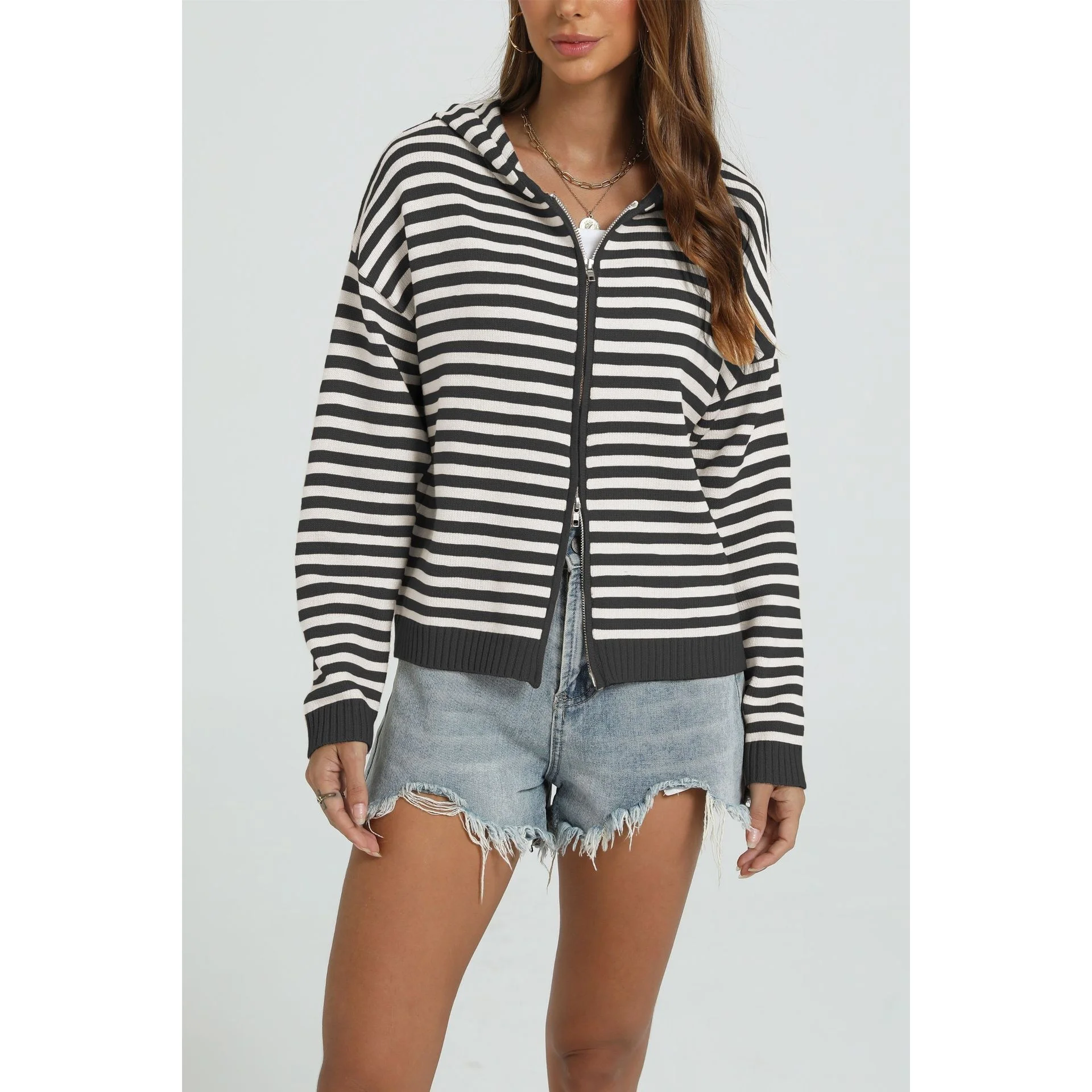 Two-Way Zipper Hooded Knit Sweater for Women in Striped Design Built for Summer Vacations Outdoor Adventures and Relaxation
