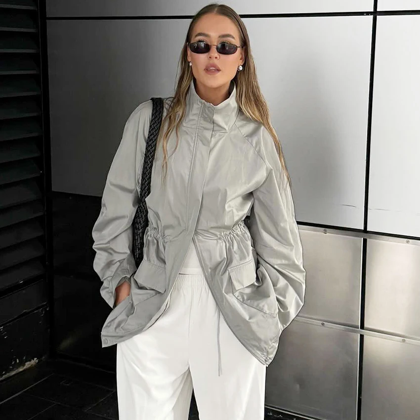 

Linad Street Chic серые плащи на молнии для женщин, осенние элегантные куртки с карманами, 2025 г., повседневная верхняя одежда с длинными рукавами, новинка