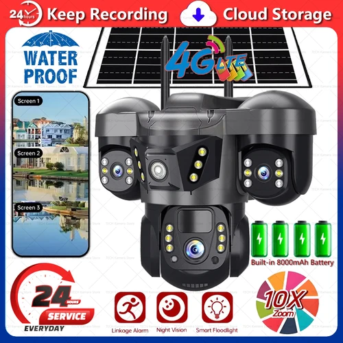 Cámara Solar 4G con 3 Lentes, Control Remoto PTZ, Cámaras de CCTV Inalámbricas, Vigilancia Impermeable para Jardín, Granja, Exteriores, Monitoreo de Seguridad