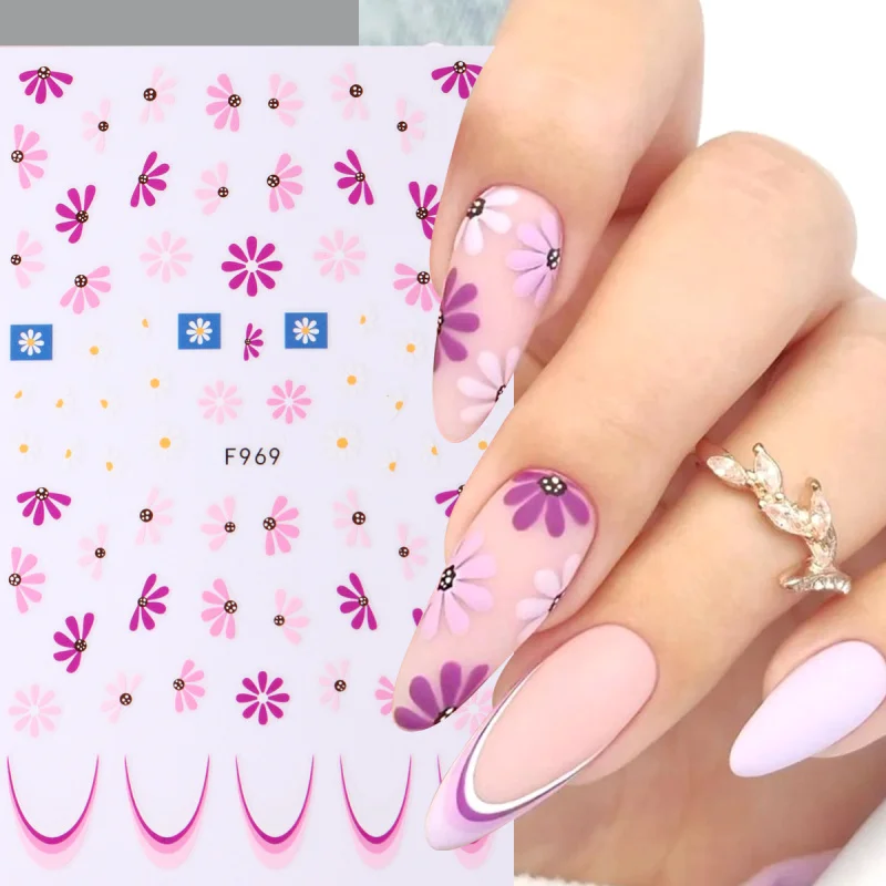 2/10pcs 3D ฤดูใบไม้ผลิดอกไม้เล็บสติกเกอร์ Daisy กลีบดอกไม้ Leaf กาวสติ๊กเกอร์ Simple Blossom เล็บฝรั่งเศส Sliders ตกแต่ง