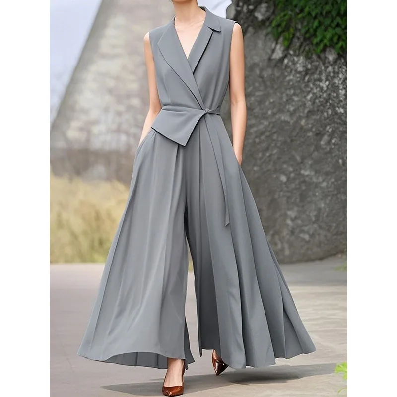 

Women's Grey Work Business Wear Jumpsuits Women 2025 Loose Fiy Notched Sleeveless Lace Up Waist Wide Leg Long Jumpsuit 181389