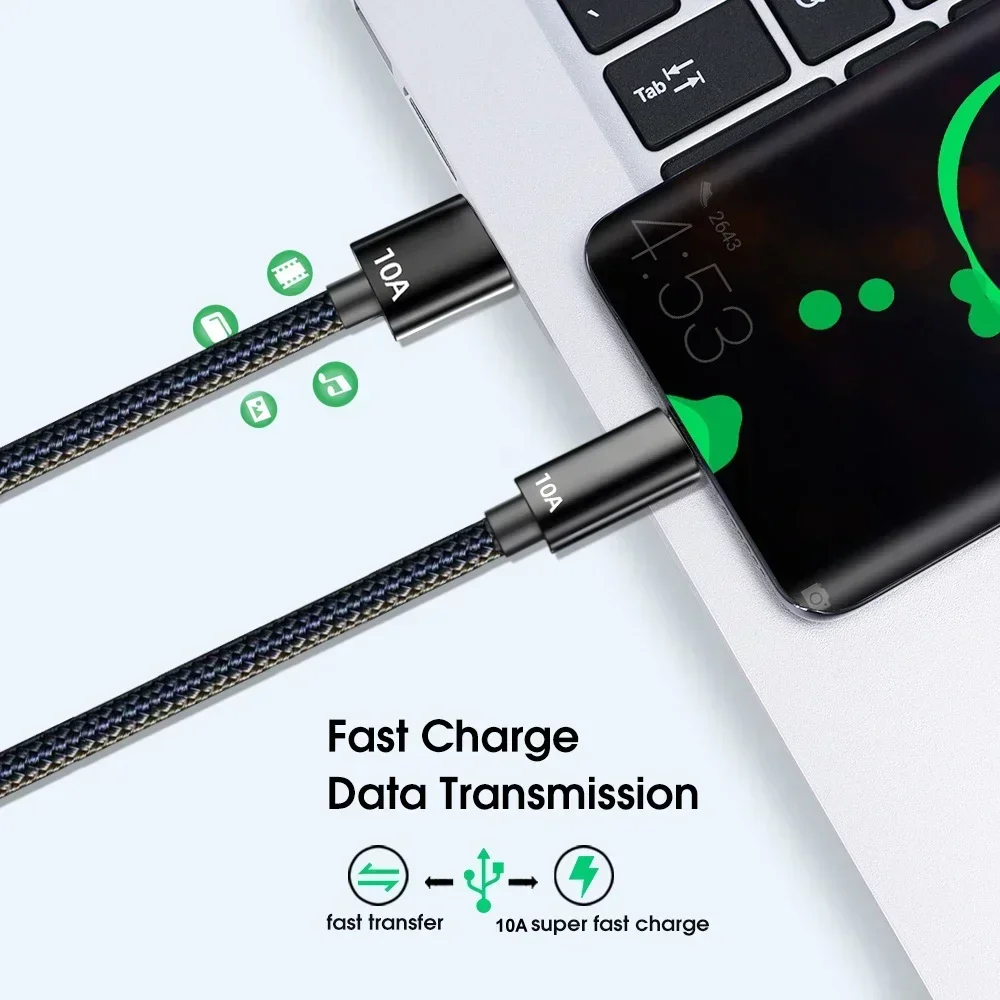 Universal 10A 120W USB Type C Fast Charging Data Cable for Huawei Type-C Mobile Phone Braided Data Cord for Xiaomi Charge Cables